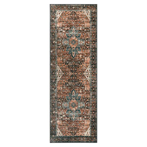 Moynesa Ultra-Thin Washable Runner Rug - 2X6 Non-Slip Non-Shedding Hallway Runner, Stain Resistant Kitchen Mat Laundry Entryway Carpet Runner For Doorway Bedside, Brick Red/Dull Teal #TOP4