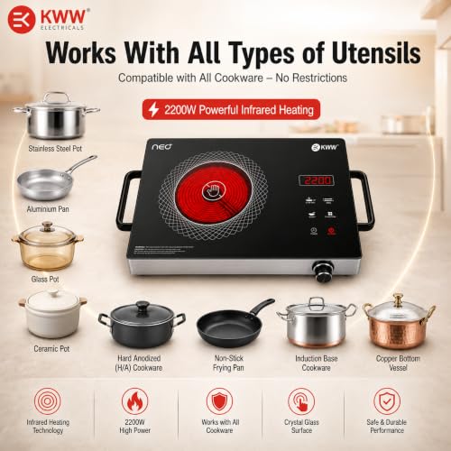Image of KWW Neo Plus Infrared Induction Cooktop 2200W Electric Stove | Works with All Utensils | Touch Control | Fast Heating | Auto Shut-Off & Overheat Protection |