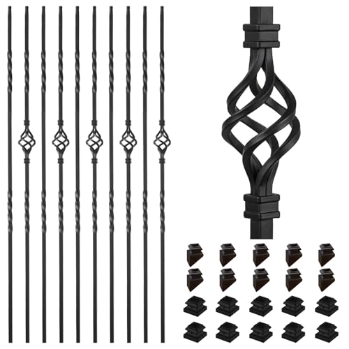 10 Pack Staircases Iron Balusters -1/2'' Square Hollow Metal Spindles with Single Basket and Double Twist Design, Includes 10 Flat Shoes & 10 Angle Shoes by Patavin - Used condition - US$54.92