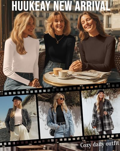 Huukeay 3 Pack Women's Mock Turtleneck Tops Cotton Ribbed Long Sleeve Slim Fit Shirts Lettuce Trim Fall Casual Basic Tees4