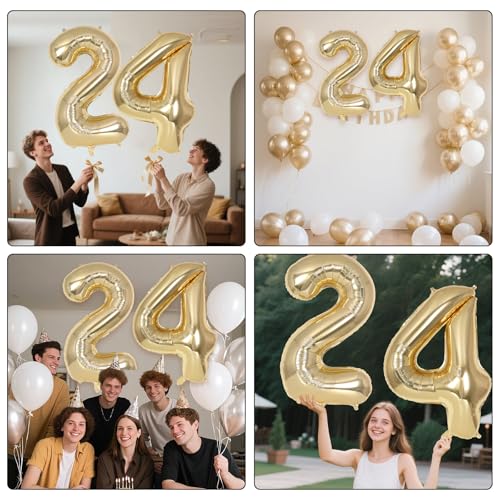 Image of Champagne Gold Large Number 24 Balloon, 40 Inch Light Gold Foil Helium Number Balloons, Giant Mylar Number 24 Balloons for 24 Years Old Birthday Party Anniversary Decorations (Champagne Gold 24)