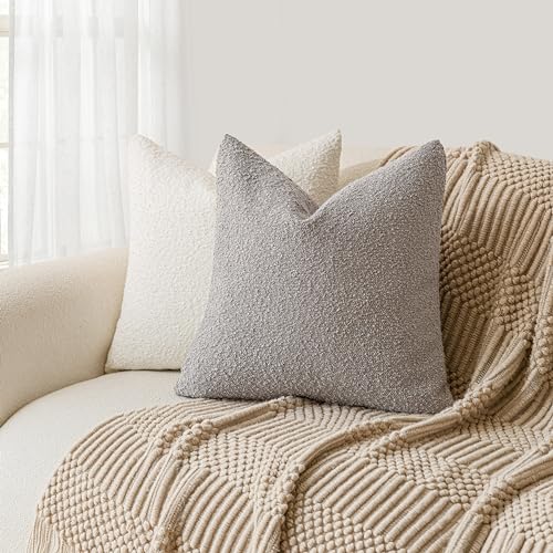 Image of Foindtower Decorative Textured Boucle Throw Pillow Covers Accent Solid Pillow Cases Neutral Soft Cozy Couch Cushion Case for Chair Sofa Bedroom Living Room Home Decor 22 x 22 Inch,Neutral Grey