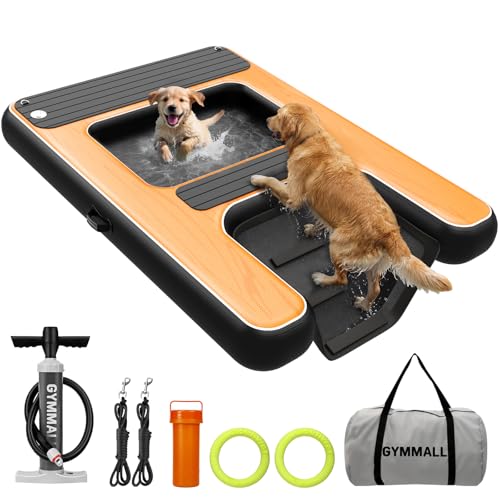 GYMMALL Large Dog Dock Ramp with Water Hammock 5.6 * 4ft Inflatable Dog Water Ramp Platform 6 inch Thickened for Boat Pool Lake Sea PVC Floating Boat Ramp for Dogs up to 330lbs Dog Boat Ramp Black