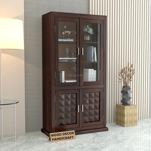 Image of Solid Sheesham Wood Book Shelf with Acrylic Glass Doors and Storage Cabinet | Rosewood Display Unit with 4 Doors for Living Room & Office (Walnut Finish)