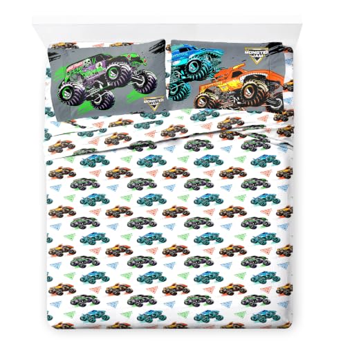 Image of Monster Jam Trucks Queen Comforter Set 7 Piece Kids Bedding for Boys, Black | Grave Digger Megalodon, Comforter Sheets Shams Pillowcases, Official Product, Soft Microfiber, Machine Washable, Boys Gift