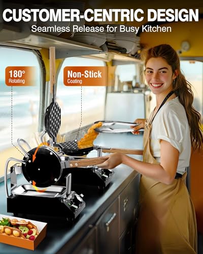 Image of PYY Bubble Waffle Maker - 1500W Commercial Egg Puff Waffle Iron, 122-482℉ Electric Stainless Steel, 180 Rotating, Non-Stick Coating, Wooden Handle & Crumb Tray, Hong Kong Round Cones