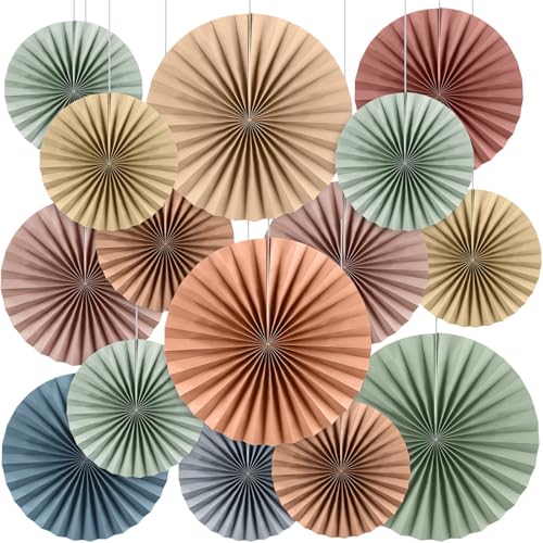 Image of 18 Pcs Sage Green Brown Boho Hanging Paper Fans Decor Back to School Paper Fans Round Garlands Bulletin Board Classroom Decorations for Party Supplies Classroom Decor