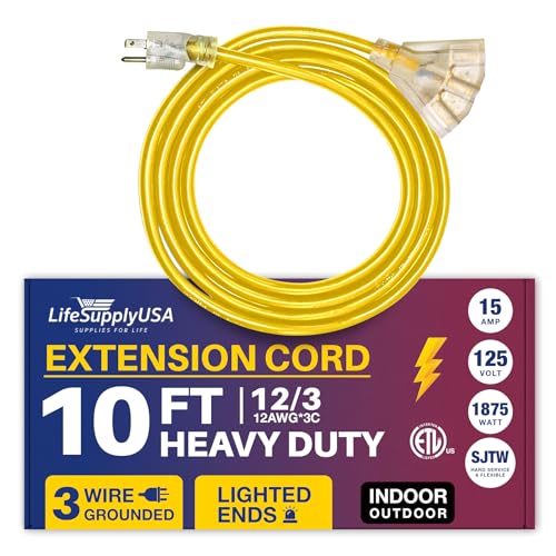 10ft Power Outdoor Extension Cord & Indoor - Waterproof Electric Drop Cord Cable - 3 Prong, 3-Outlet, SJTW, 12 Gauge, 15 AMP, 125 Volts, 1875 Watts, 12/3 ETL Listed by LifeSupplyUSA - Yellow (1 Pack)