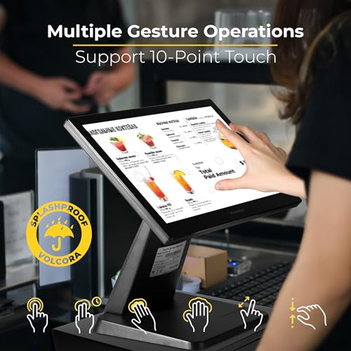 Image of Volcora 15.6 inch Black LED Touch Screen Monitor with Metal Stand - Backlit 1366 * 768 with VGA HDMI Connection for Small Business, Restaurant, Office - No Driver Required (Not Compatible with macOS /iOS)
