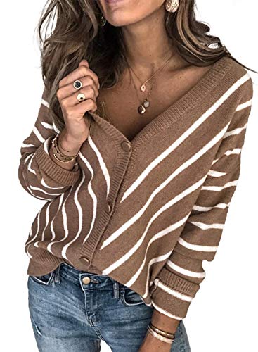 Happy Sailed Womens Lightweight Button Down Cardigan Stripes Open Front Long Sleeve Casual Sweater Coat Medium Khaki