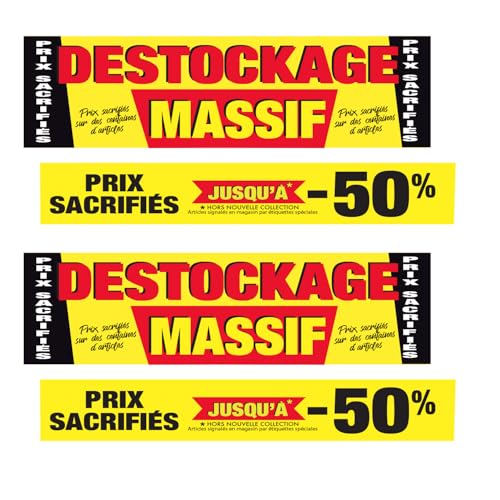 Affichesstore 30852 - Kit 4 Affiches Destockage Massif 2x L70 H20 cm + 2x L70 H10 cm - Prix Sacrifiés Jusqu'à -50% - Papier Satiné 170g. - Qualité Imprimerie