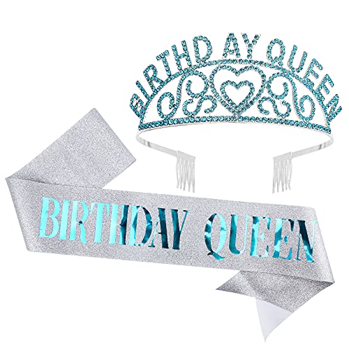 CIEHER Birthday Tiaras for Women,Birthday Queen Sash & Rhinestone Tiara Kit,Blue Birthday Crown,Tiaras and Crowns for Women,Crown for Girls,Birthday Party Supplies Favors,Birthday Decorations Set Gift