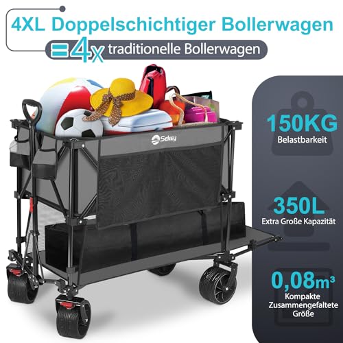 Sekey XXXXL Bollerwagen Faltbar 350L mit Extra Breite Reifen 17x10cm, Faltbarer Bollerwagen Strandwagen Transportwagen Zusammenfaltbar aus 4 Richtungen, 4XL-Doppel 4021, Grau – Bild 3