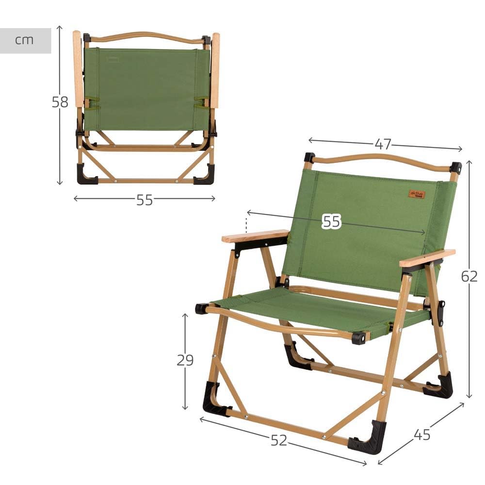Chaise De Camping Pliante AKTIVE – Glamping, Vert, Anti-bascule, 47x45x62 Cm, Supporte 110 Kg