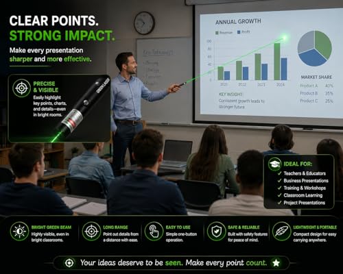 Image of High Power Green Laser Light Pointer Pen with Batteries - Long Range Beam and Adjustable Patterns for Presentations, Astronomy & Outdoor Use