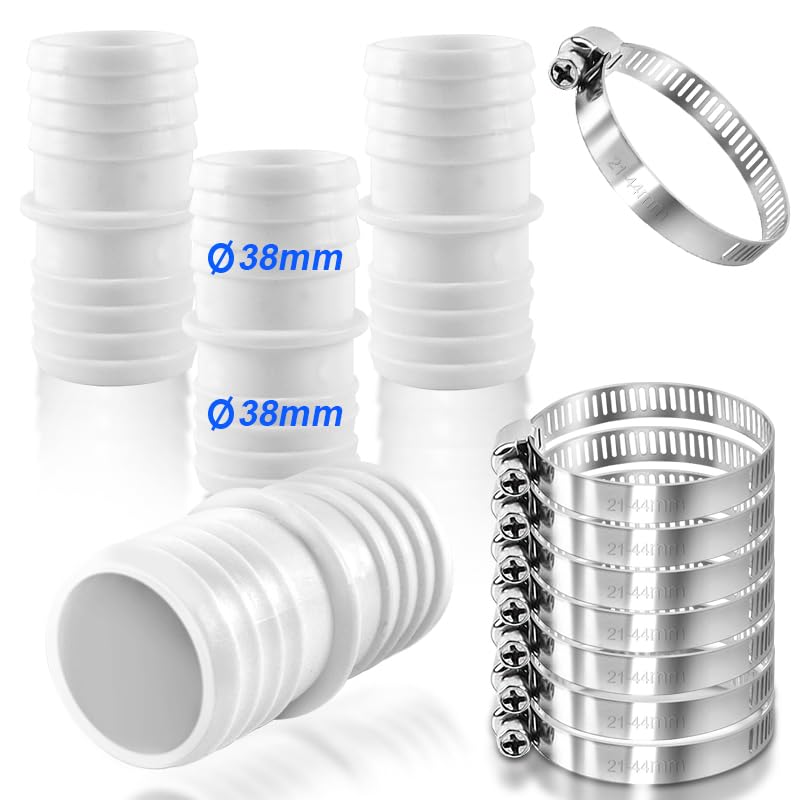 Cuidongsheng 4 Stück Poolschlauch Verbinder 38mm Schlauchverbinder 38 auf 38mm Pool Adapter mit 8 Schlauchschellen Adapter für Poolschlauch Doppelschlauchtülle