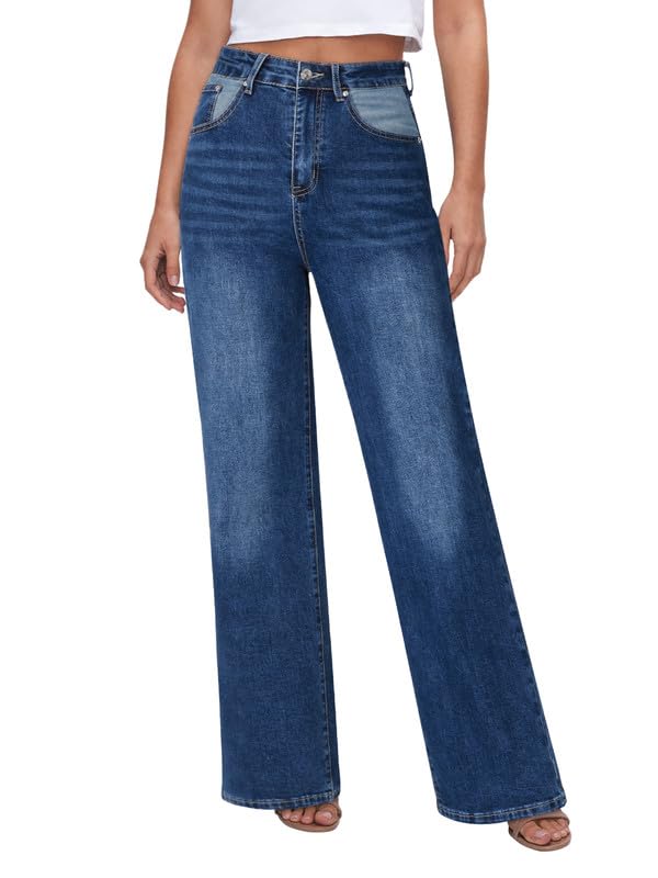 Genleck70S Classic Women Baggy Jeans - Stretch High Waisted Wide Leg Jeans Bellbottom Jeans