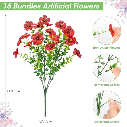 Image of Bassion 16 Bundles Artificial Flowers for Outdoors Fake Flowers, Red | UV resistant, silk flowers, realistic faux plants for outdoor planter, window box porch patio garden home outside decor