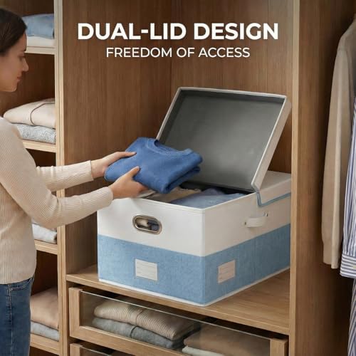 Image of PRANDOM Storage Bins with Lids [3-Pack] Linen Fabric Foldable Storage Boxes Organizer Containers Baskets Cube with Cover for Bedroom Closet Office White&Blue (23.4X15.9X11.4)