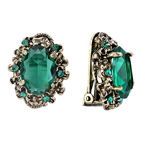 BriLove Victorian Style Clip On Earrings for Women Crystal Floral Cameo Inspired Oval Earrings Emerald Color Antique-Gold-Toned