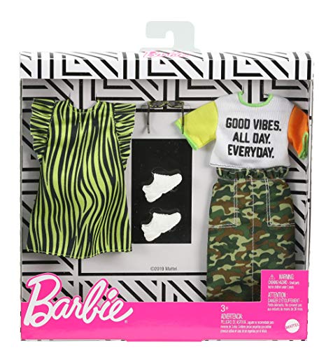 Barbie Fashionistas 2-teiliges Puppenkleidungsset bestehend aus Tarnrock + T-Shirt + gestreiftem Kleid + Zubehör für… – Bild 3