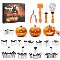 Halloween Kürbis Schnitzset 24 Stück DIY Halloween Kürbis Schnitz Vorlagen Kürbisschnitzset mit Kürbisschaufel,Kürbishammer,Doppelkopf Kürbiswerkzeug,Schnitzwerkzeug Kürbis für Kinder & Erwachsene