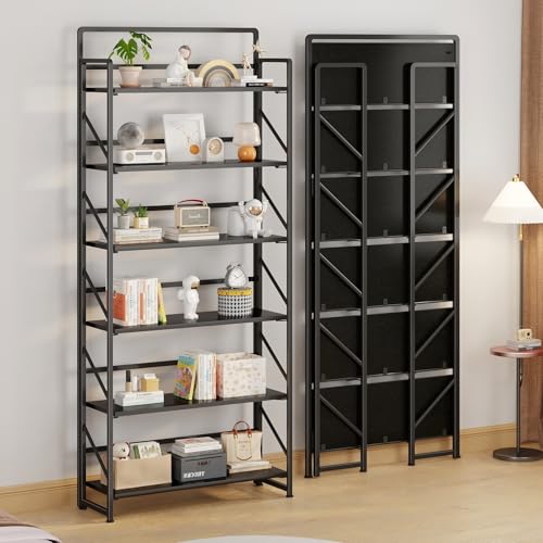 Image of JSB 6 Tier No Assembly Folding Bookshelf, 30.3 inch Wide Foldable Storage Bookcase for Home Office, Space-Saving Storage Shelf for Living Room (Black)