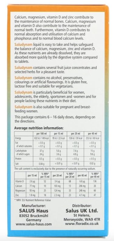 Calcio líquido Saludynam, magnesio, zinc y fórmula de vitamina D, sin gluten, sin lactosa, 3 x 250 ml, paquete de 3, 750 ml en total