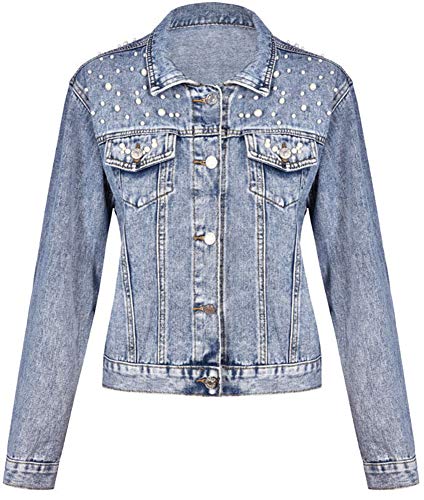 Hotmiss Women's Oversized Denim Jacket Long Sleeve Boyfriend Loose Jean Trucker Coat (Blue, Large)