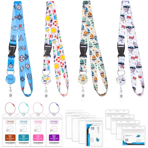 4 Pack Cruise Lanyards Set for Ship Cards, with Retractable Badge Reel Waterproof Luggage Tag Holders Id Card Holders, Sea-Themes Pattern for All Cruises Ticket Key Cards Luggage Tag