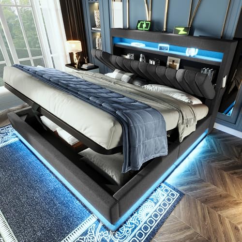 Huayz Polsterbett 180x200cm, LED Doppelbett mit Stauraum und Lattenrost, Kopfteil mit Staufach und USB- und Typ-C Ladefunktion, Hydraulisch Stauraumbett Rückenlehne,Leinenstoff, ohne Matratze