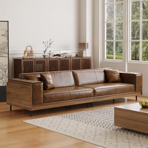 gaoyangjiaju Mid-Century Modern Leather Sofa 111.81' with Wooden Accents on Sides & Back, Spacious 3 - Seat Couch for Living Room, Bedroom or Lounge Space, Brown