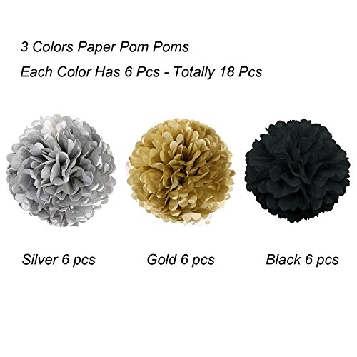 Tissue Paper Pom Poms, Paper Flower Ball for Birthday Party Wedding Baby Shower Bridal Shower Festival Decorations 18 Pcs - Black, Gold and Silver