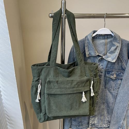 Bolso Tote grande de pana verde para mujer miniatura 3