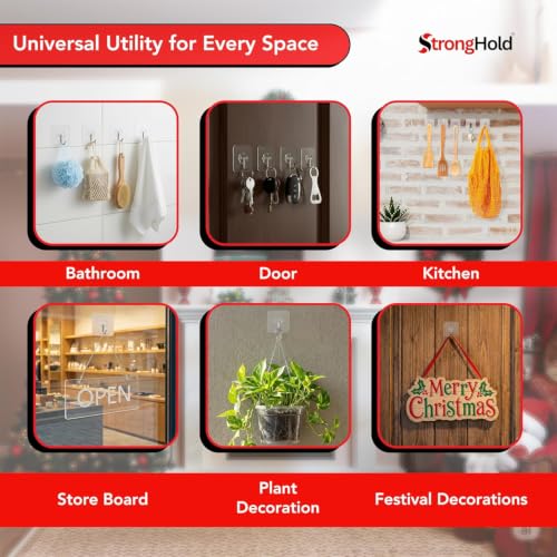 Image of StrongHold Invisible Adhesive Wall Hooks - 30 Pcs Clear Hooks for Hanging Without Drilling, Reusable Waterproof Hooks for Bathroom, Kitchen, Home & Office Organization