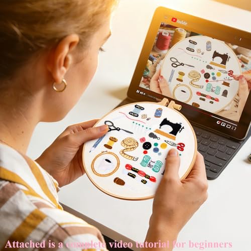 Image of Crafmanoe Hand Embroidery Kits for Beginners Adults, Crewel Embroidery DIY Kits, Stamped Cross Stitch Kits for Beginners Adults Craft Kits for Women, Entire Set of Embroidery Supplies & Video Tutorial