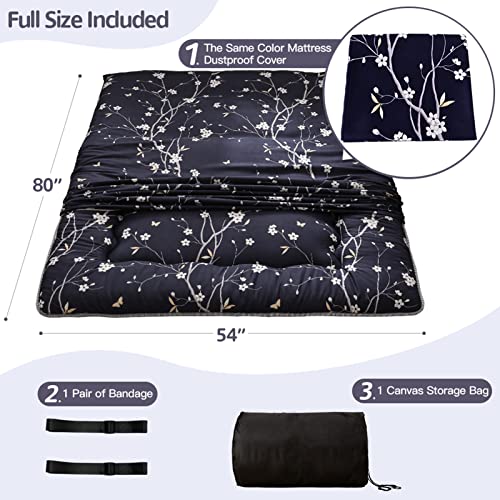 Image of MAXYOYO Japanese Futon Mattress Floor Mattress Sleeping Pad Foldable Bed Roll Up Camping Cushion Floor Lounger Bed Couches and Sofas Couch Topper, Navy Floral, Full Size