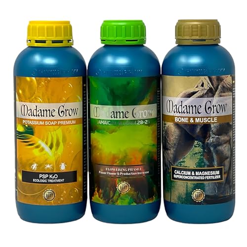 Madame Grow – Kit Kauai – Fertilizantes Naturales – Estimula la Floración, Favorece el Metabolismo y Actúa como Defensa Natural – Jamaican Bloom, Bone & Muscle y Jabón Potásico – 3 x 1 L c/u