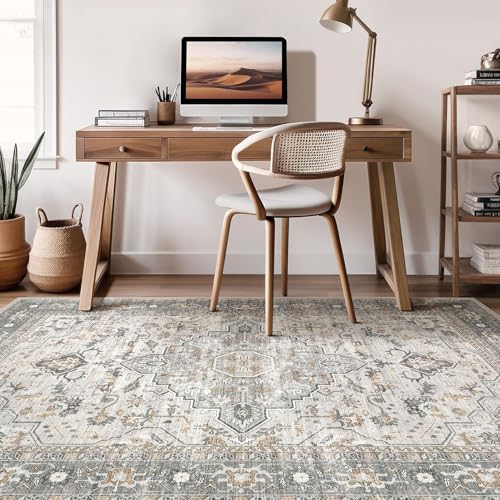 8x10 Area Rugs Living Room: Washable Boho Large Neutral Vintage Soft Rug Stain Resistant Distressed Farmhouse Non-Slip Indoor Floor Carpet for Bedroom Nursery Kids Office Dining Room- Taupe