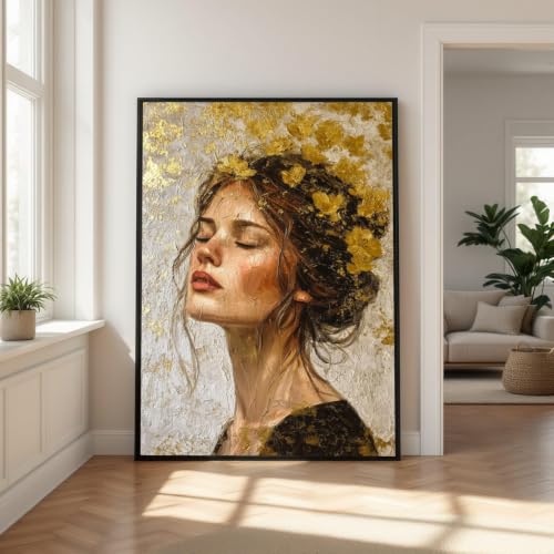 Impression sur toile portrait femme style peinture à l'huile avec couronne florale 50x75cm