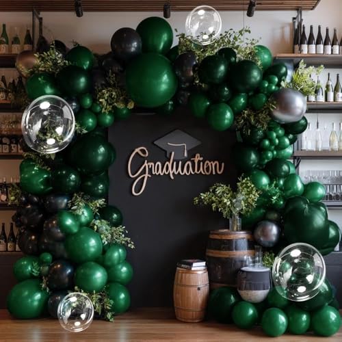 Image of Black Green Balloon Garland Double Stuffed Dark Emerald Green Balloons Clear Bobo Metallic Black Balloon Arch Kit for Graduation Baby Shower Birthday Bridal Shower Graduation Party Decorations