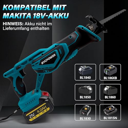 Akku Säbelsäge kompatibel mit Makita LXT-18V Akku (ohne Akku), Reciprosäge bürstenloser Motor, 22mm Hubhöhe, max. 3000RPM, inkl. 4x Säbelsägeblatt für Holz und Metall