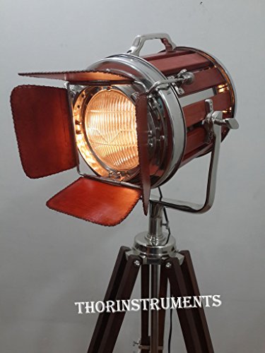THOR INSTRUMENTS Designer Chrome and Red Leather Spot Light with Brown Heavy Wooden Tripod Stand Rustic Vintage Home Decor Gifts