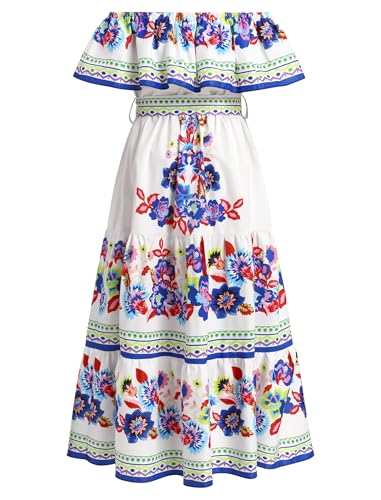 Traditional Mexican Dress for Girls Kids Floral Print Off Shoulder Maxi Sundress Cinco de Mayo Fiesta Dresses with Belt2