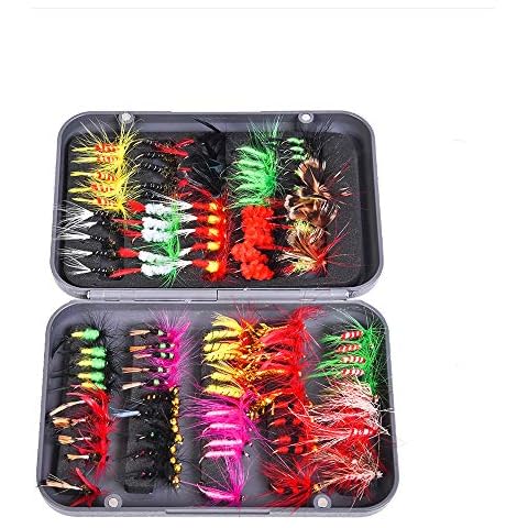 Fliegenfischen Zubehör, RoseFlower Professional Trocken Angel-Fliegen Kunstköder Set Trockenfliegen Fliegenköder Fliegenfischen Köder Set mit Wasserdichte Box für Zander Bass Fischbarsch Lachs Forelle Cover