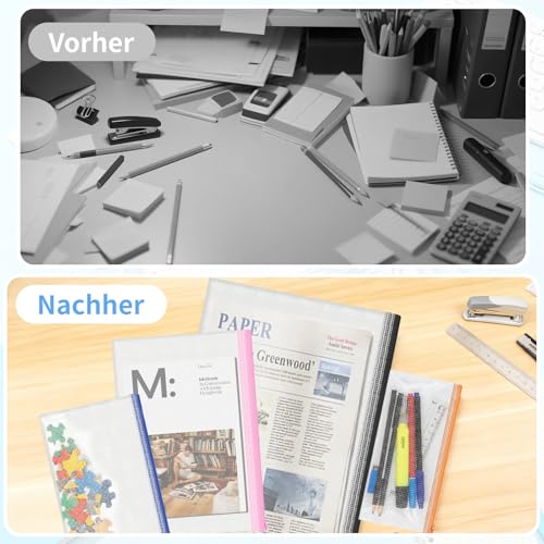 ReePlan Dokumententasche 24 Stück mit Reißverschluss – 9 Größen inkl. A3 & Rechnungsgröße, 10 feste Farben, Transparente Mesh Reißverschlusstaschen & Zip Beutel für Schule, Büro, Reisen, Kosmetik, Spi