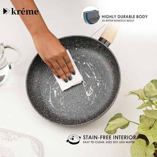 Image of Kreme Venetia Premium Granite Non-Stick 4 Pc Cookware Set | 24cm /2.5L Kadai with Lid 24cm /1.4L Frypan, 28cm Dosa Tawa | Granite Coating | Induction & Gas Stove Use | Healthy Low-Oil Cooking, Grey