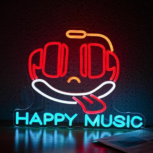 Image of Happy Music Neon Sign Dimmable Led Microphone Neon Light for Wall Decor USB Cute Headset Neon Light Sign for Music Studio Bar Live House Karaoke Party Bedroom