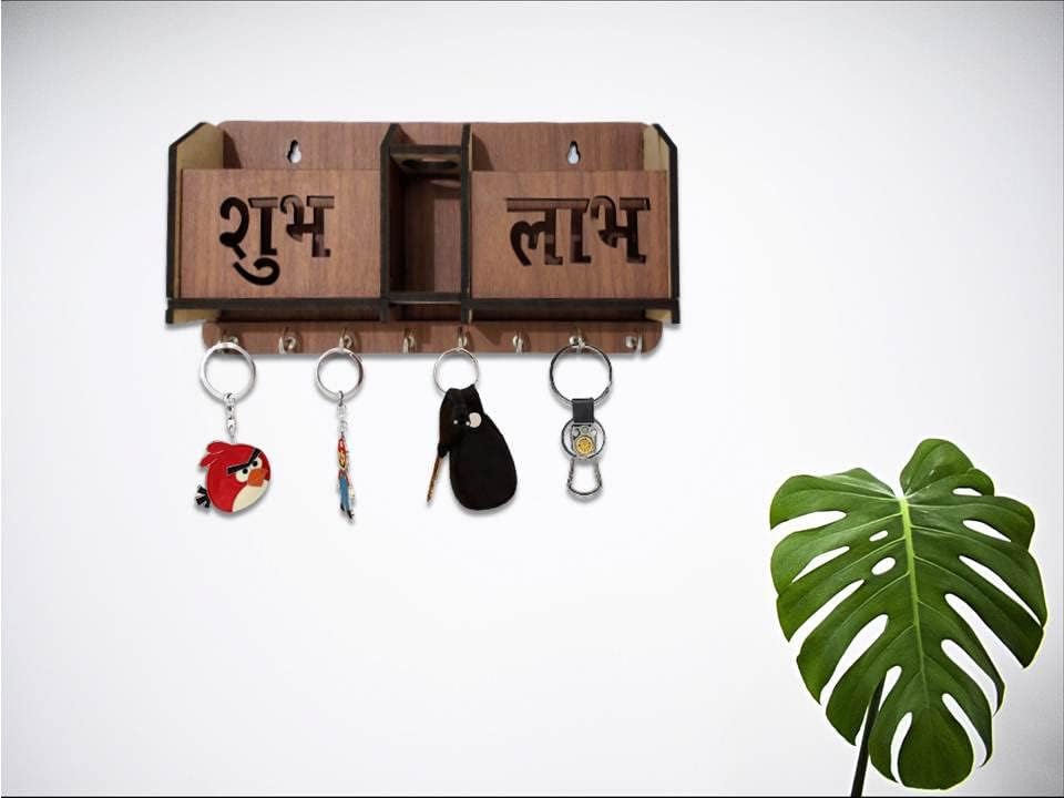 Image of Shubh Labh Key Holder Unique Designer 2 Pocket Pen and Mobile Stand Stainless Steel 8 Hooks Wooden Key Holder for Home, Key Stand for Wall, Key Organizer for Office, Hall Decoration