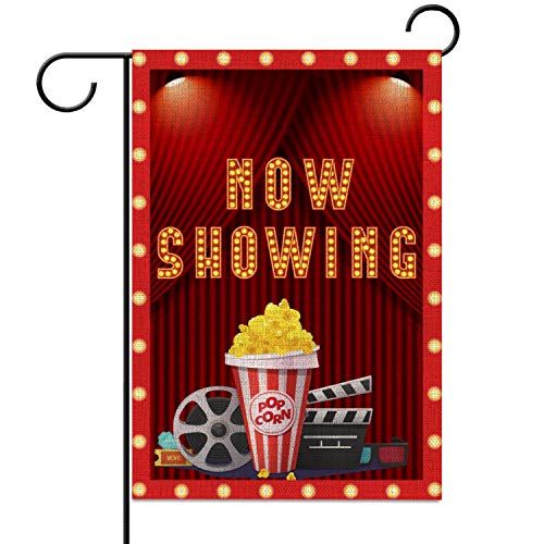 Sunwer Movie Night Garden Flag 12.5×18 Vertical Double Sized Now Showing Yard Sign Hollywood Movie Theme Birthday Party Decoration Outdoor Welcome Sign